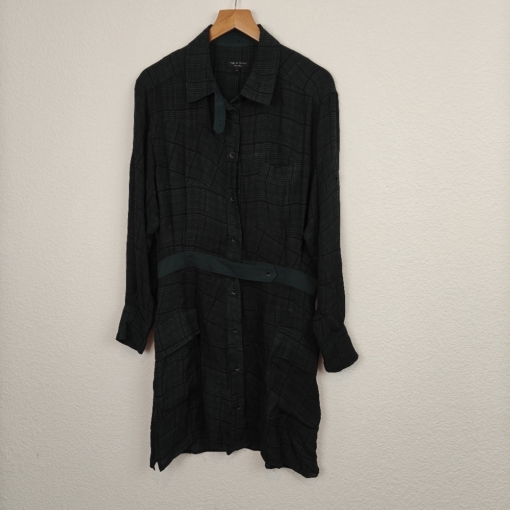 Rag & Bone Somerset 100% Silk Plaid Shirt Dress | Green Belted Luxury Mini Sz 4